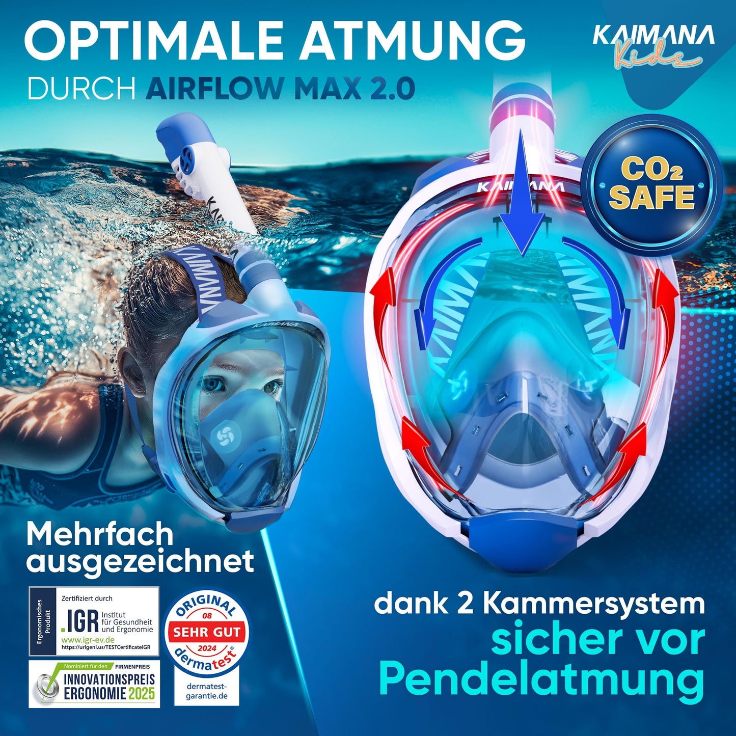 KAIMANA® CO₂-sichere Schnorchelmaske für Kinder
